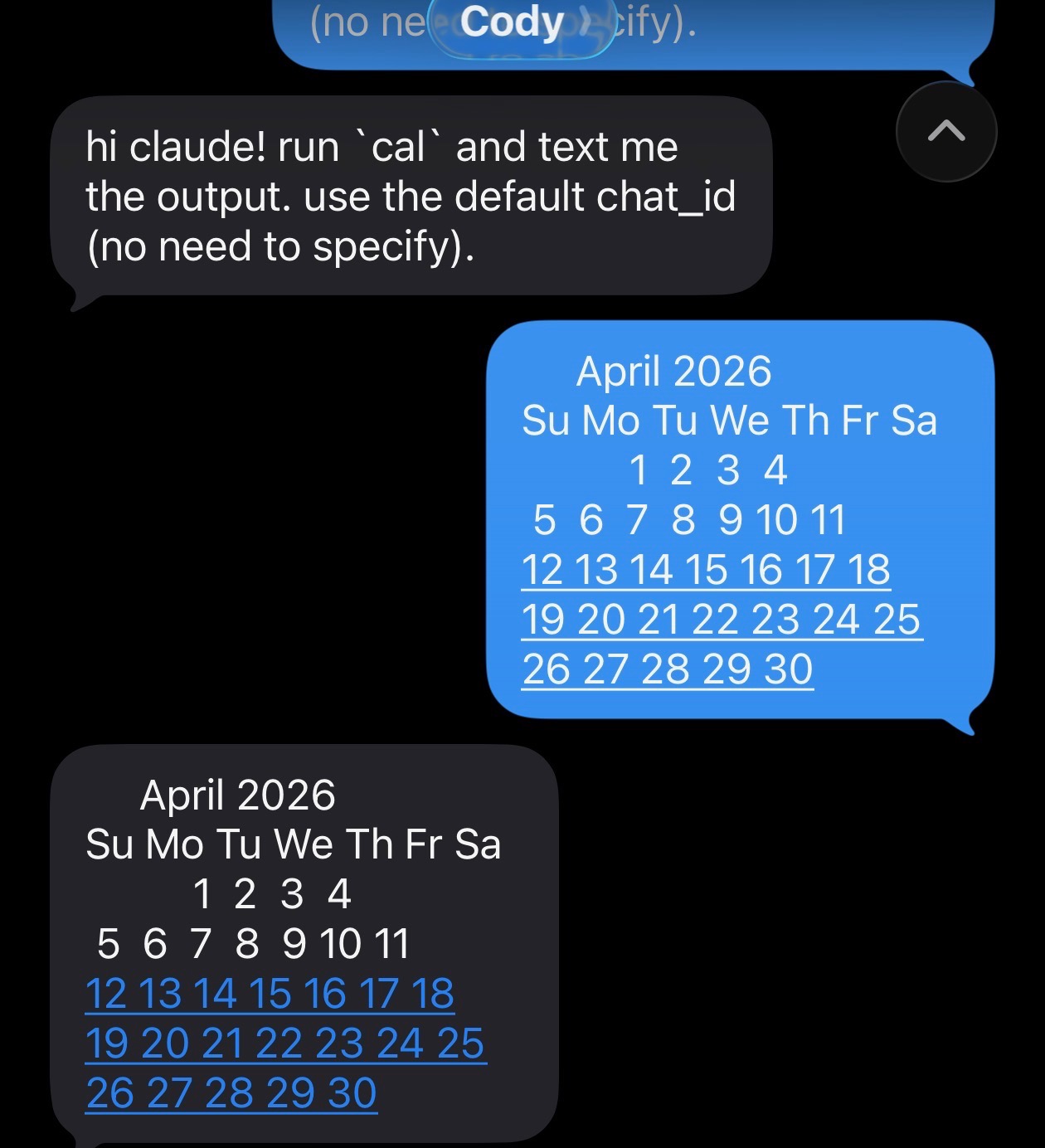 Round-trip: prompt and cal output in iMessage (Claude Code)