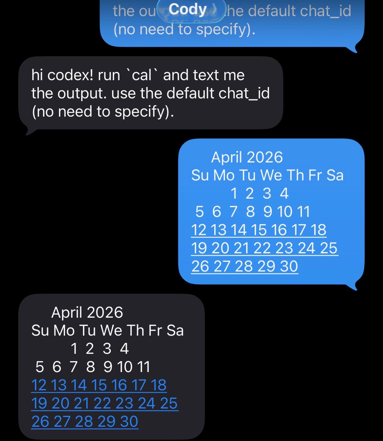 Round-trip: prompt and cal output in iMessage